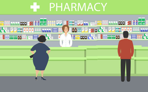 People in the pharmacy. The pharmacist stands near the shelves with medicines. In the green hall there are visitors. Vector illustration