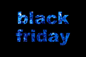 Black friday text with shiny blue sequins texture on black background