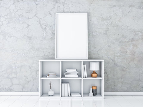 Large Vertical poster Mockup with white frame standing on bureau with books and decor, 3d rendering