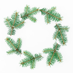 Christmas round frame of winter trees on white background. Winter concept. Flat lay, top view