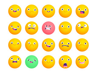 Set of circle emoji. Smile icons. Vector emoticons isolated on white. Funny flat style emoji