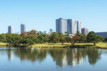 Fototapeta na wymiar Panoramic Tokyo view from the Hamarikyu Gardens. Reflection in the pond. Japan.