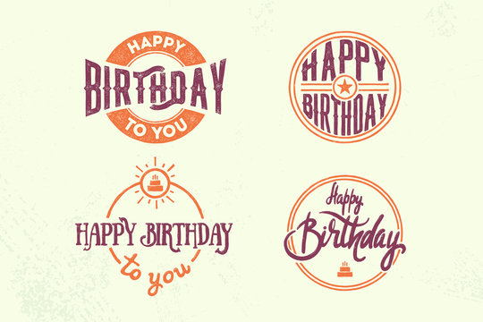 Set of 4 vintage birthday cards with lettering, cake and star for holiday design.