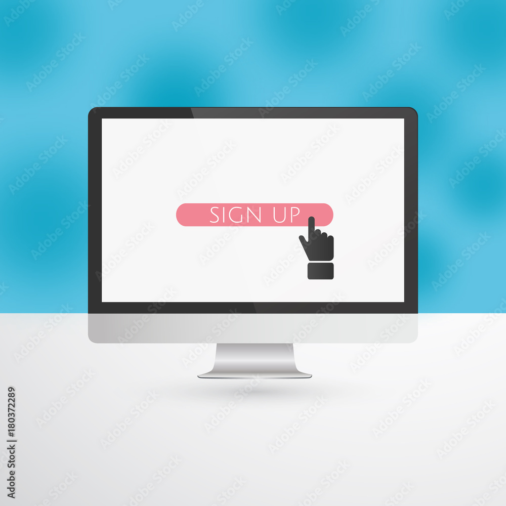 Fototapete Computer Monitor with Pink Sign Up Button and hand Cursor