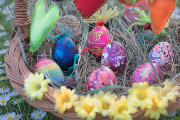 Happy easter handmade colorful eggs basket grass chamomile daisies meadow straw outside
