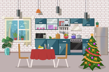 Christmas kitchen interior. Flat design