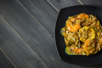 Thai Food, Koong tung, Asia fried seafoods with spicy sauce, Thai Style Spicy shrimps with Ga