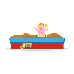 Cute baby playing in the sandbox. Vector illustration.