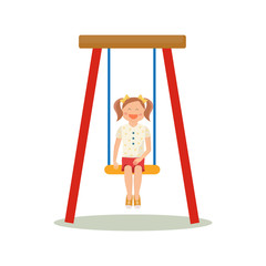 Cute girl playing on swing. Vector illustration.