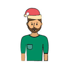 flat line colored man with  santa hat  over  white background  vector illustration