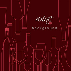 Bottles and glasses for wine. Vector background for menu, tasting, wine card. Illustration with line icons is cropped with a mask. - obrazy, fototapety, plakaty