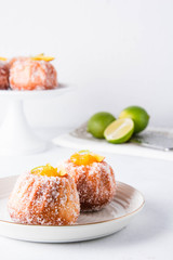 Kuglof with mango and lime. French bakery. Gugelhupf Kugelhopf. Copy space.