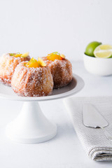 Kuglof with mango and lime. French bakery. Gugelhupf Kugelhopf. Copy space.