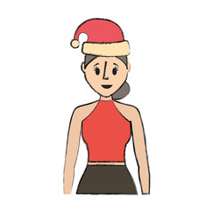 flat line colored  woman  with santa hat over  white background  vector illustration