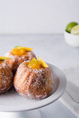 Kuglof with mango and lime. French bakery. Gugelhupf Kugelhopf. Copy space.