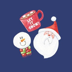 Christmas set of snowman santa and hot chocolate with marshmallows. hand drawn watercolor