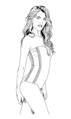 Fototapeta na wymiar beautiful slim girl in a swimsuit in a graceful pose drawn in ink by hand on a white background