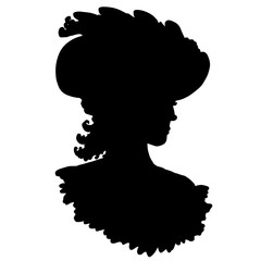 Vintage pretty female silhouette in hat with feathers, curly long hair, dress with lace, bare shoulders. For romantic posters, prints, design, covers, fabric, interior, advertising, logos, scrapbook