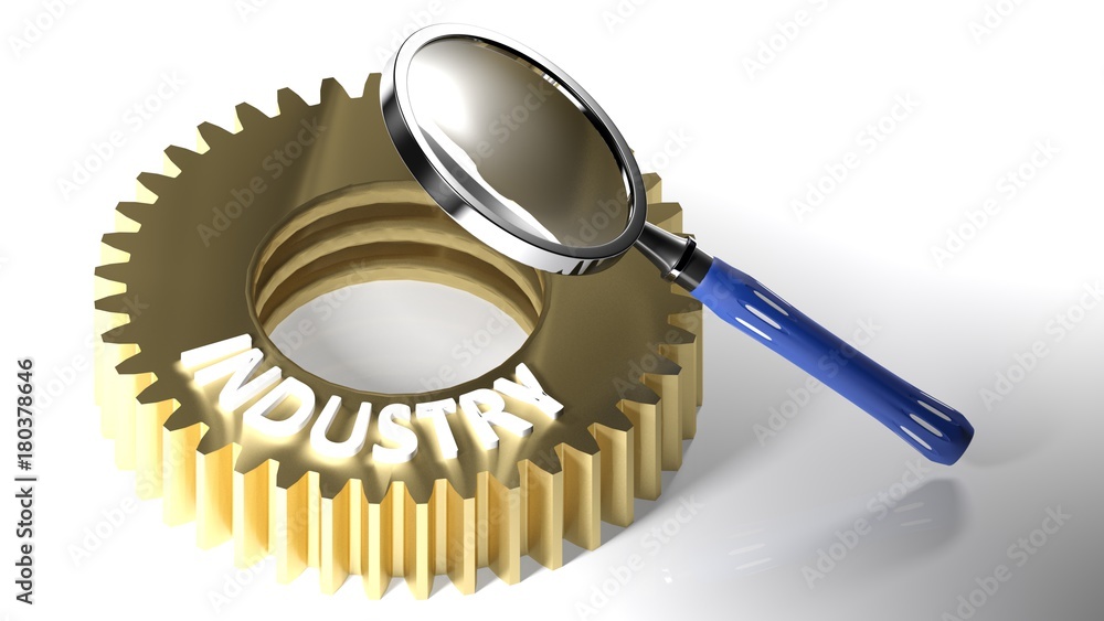 Poster a magnifier is pointed to a metallic gear having the write industry on it upper side. 3d rendering