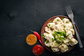 Italian ravioli in the plate on the dark background