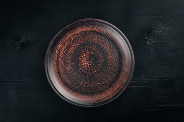 Clay dishes. Plate. Top view. Free space for your text.