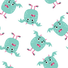 Monsters background with cute characters. Vector seamless pattern.