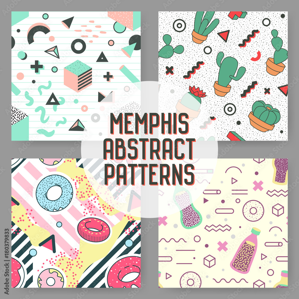 Poster trendy geometric elements seamless patterns set. memphis style abstract backgrounds. modern design p