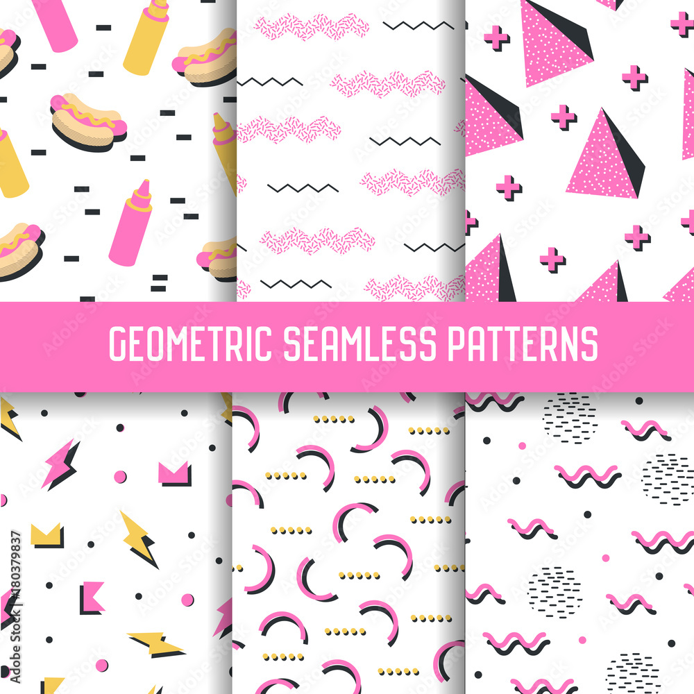 Poster trendy geometric elements seamless patterns set. memphis style abstract backgrounds. modern design p