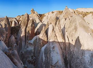 wonderful panoramic landscape view of Cappadocia in Turkey, famous tourist destination. Unusual rock volcanic tuff formation