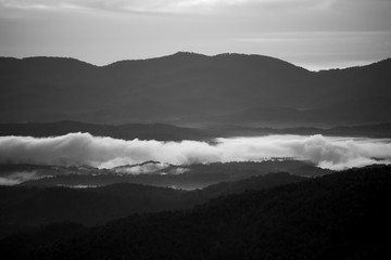Monochrome View of sunrise in the Blue Ridge Mountains of North Carolina