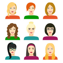 Set young girl with various hair style. Girl avatar set isolated. Vector flat style illustration.