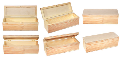 Narrow raw wooden boxes for small items. Isolated on white background.