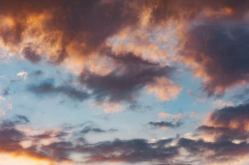 Beautiful sky with couds at the sunset. Copy space