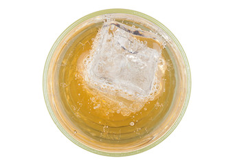 Energy soda drink with ice cube top view