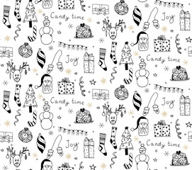 Seamless pattern with hand drawn Christmas doodles and golden snowflakes.