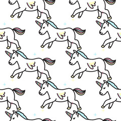 Vector pattern with cute unicorns, clouds,rainbow and stars.