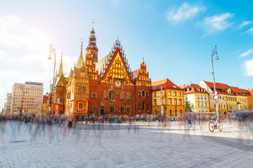 Fantastic view of the ancient city hall Wroclaw (Ratusz Wrocławski). Picturesque scene. Location famous Market Square, Poland, Europe. Historical capital of Silesia. Beauty world.