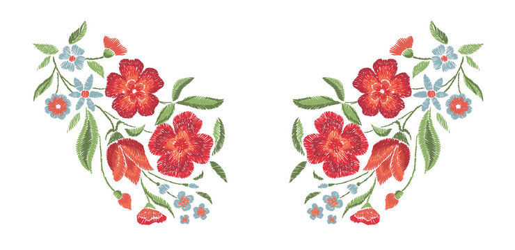 Embroidered flowers on a white background. Vector floral print.