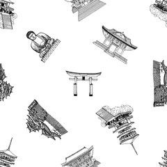 Seamless pattern of sketch style Japanese themed objects. Vector illustration isolated on white background.