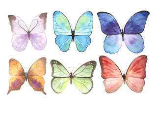 Set of bright hand drawn watercolor butterflies isolated on white background.