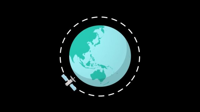 Alpha channel .Flat spinning Earth with communication network and satellites.Cartoon globe animation seamless loop full hd clip