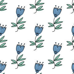 Vector seamless pattern with blue bluebell flowers.