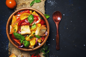 Salad With Tomatoes, Basil And Stale Bread, Rustic Style, Top view
