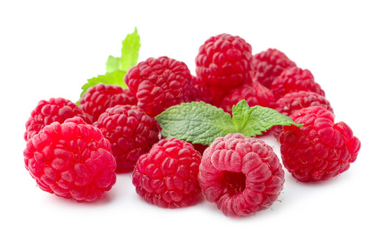Ripe raspberries on white background
