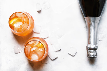 Italian Orange Cocktail With Bitter Aperitif, Ice, Sparkling Wine And Orange Slice, Top View