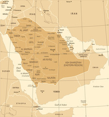 Saudi Arabia Map - Vintage Vector Illustration