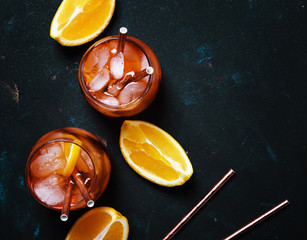 Italian Orange Cocktail With Aperitif, Ice, Sparkling Wine And Orange Slice, Top View