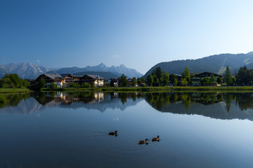 Fototapeta na wymiar Pond in Alps with clear still water surface and swimming ducks. Seefeld, Austria
