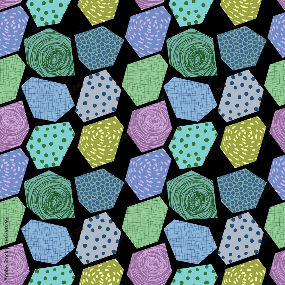 Poster abstract vector seamless pattern with polygon shapes in green, blue and violet colors on black backg