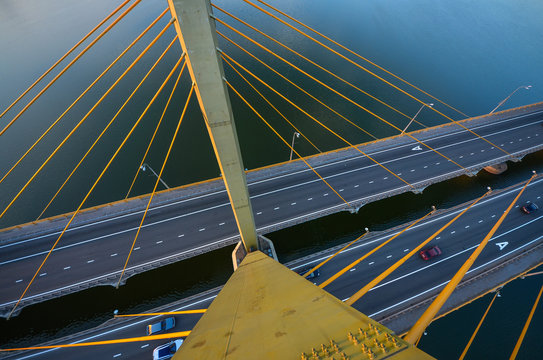 Millenium Bridge In Kazan Aerial View At Sunset Time With Panoramic View Of Kazan City